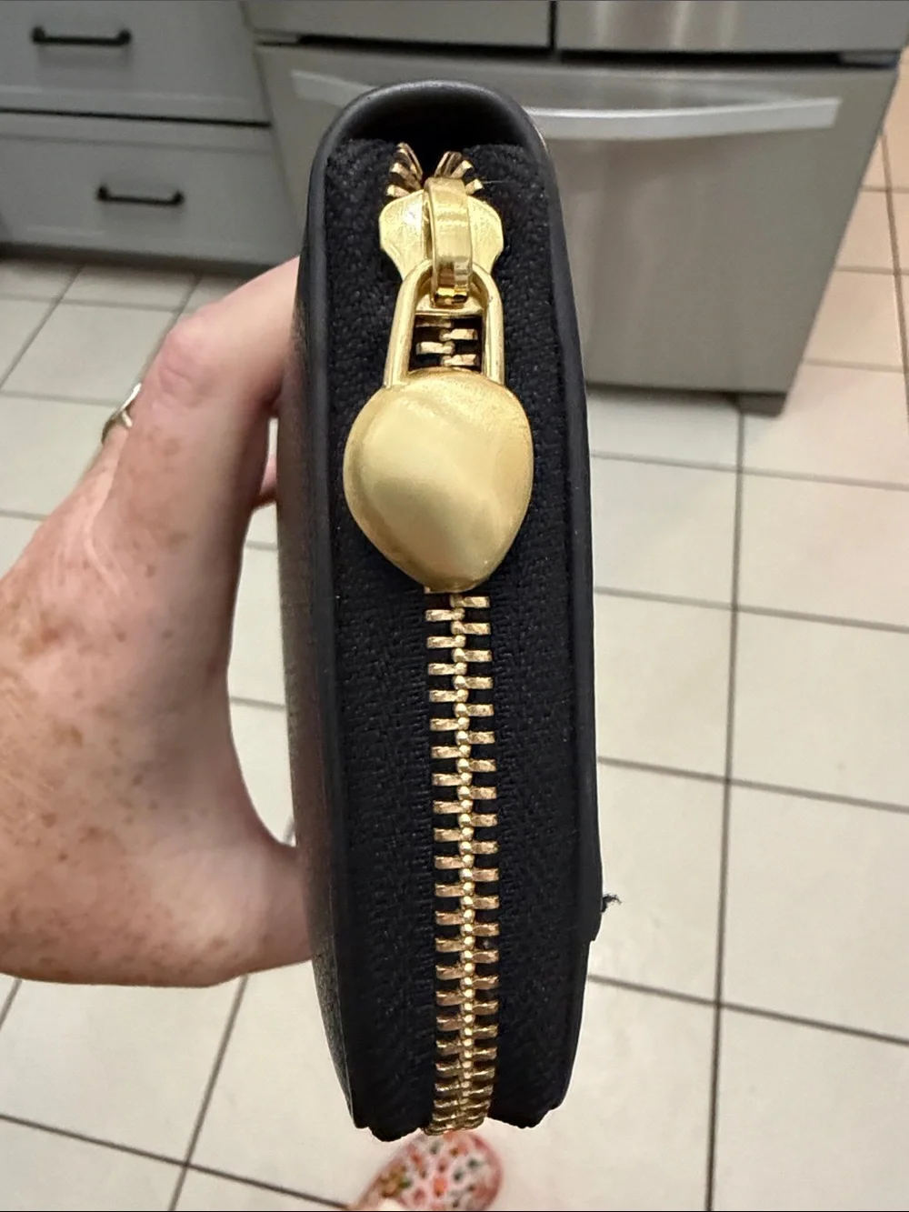 NWOT ANTONIO MELANI Black Pebbled Zip-Around Wallet with Gold Trim